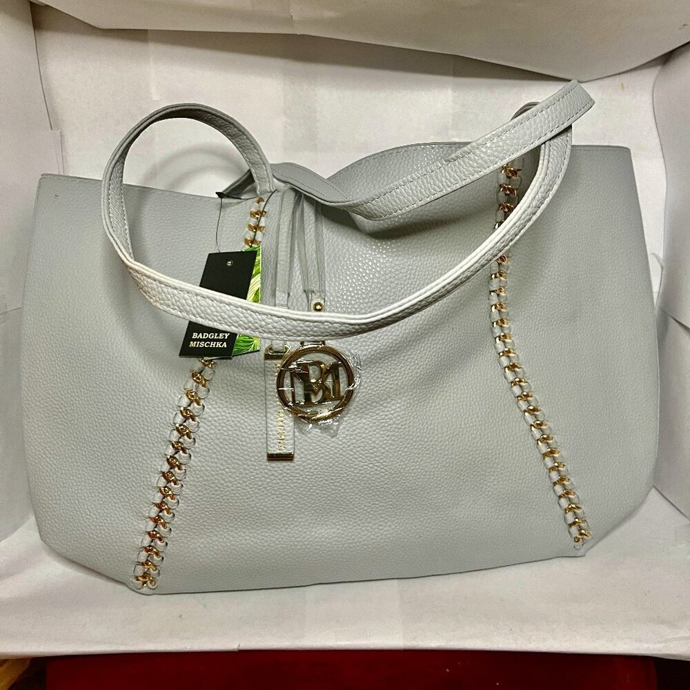 NWT Badgley Mischka Light Grey Vegan Leather Decorative Chain Tote